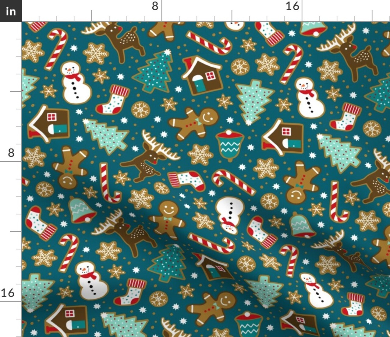 Christmas Gingerbread Cookies Dark Teal House Tree Snowman Winter Holiday Baking Custom Printed Fabric by Spoonflower Various Fabrics by the Yard or Fat Quarter